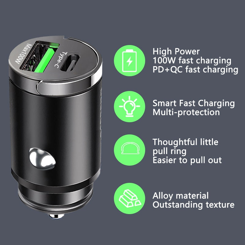 100W Mini Car Charger Lighter Fast Charging for iPhone QC3.0 Mini PD