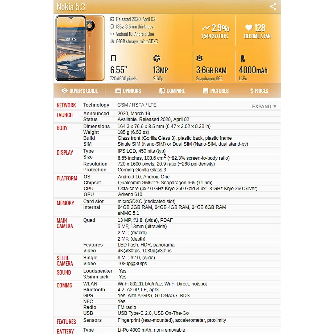 6.55" Display for Nokia 5.3 LCD TA-1234 Display Touch Screen