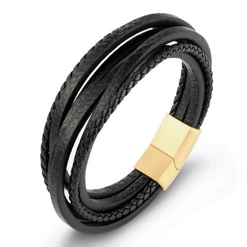 XQNI Fashion Stainless Steel Bangle Chain Genuine Leather Bracelet Men