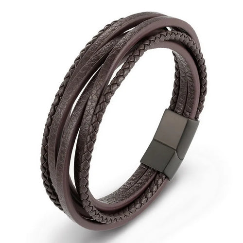 XQNI Fashion Stainless Steel Bangle Chain Genuine Leather Bracelet Men