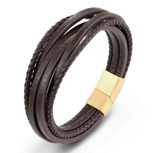 XQNI Fashion Stainless Steel Bangle Chain Genuine Leather Bracelet Men