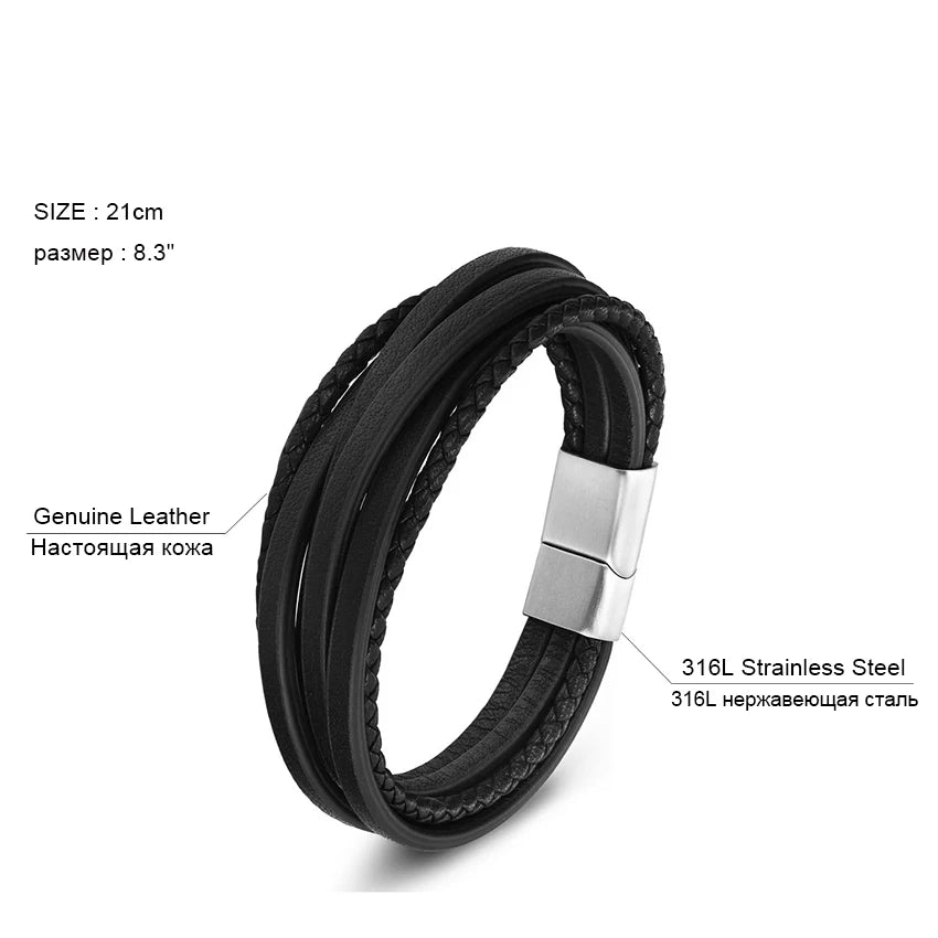 XQNI Fashion Stainless Steel Bangle Chain Genuine Leather Bracelet Men