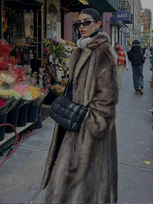 Women's Dark Brown Faux Fur Long Overcoat Single Breasted Fleece Long
