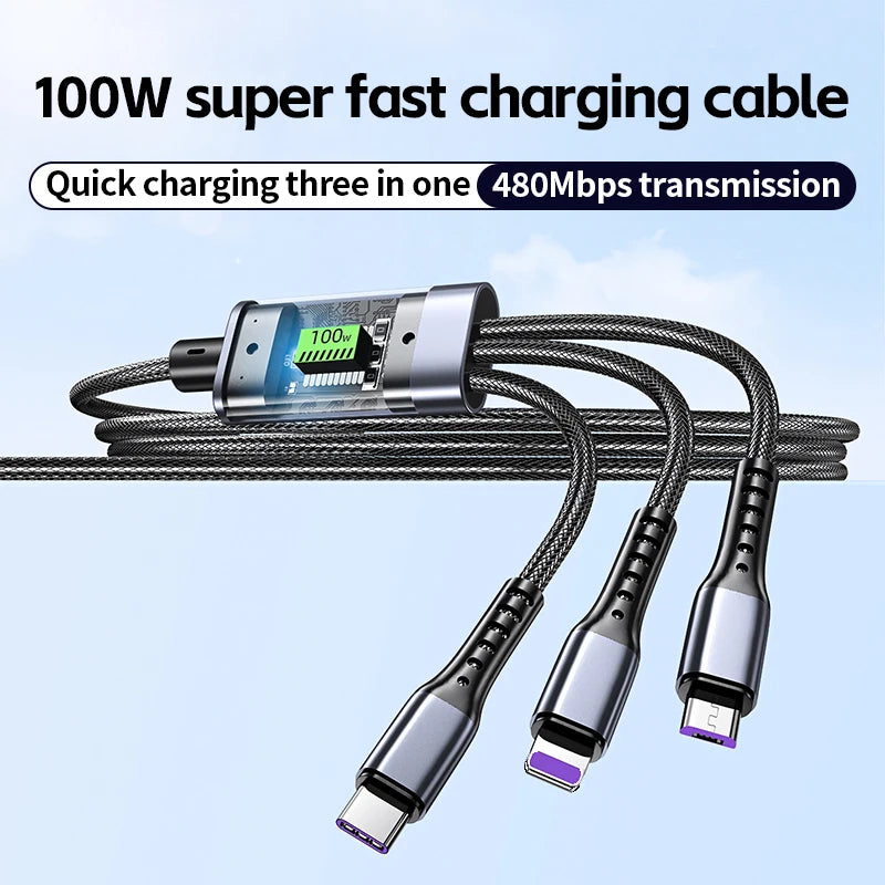 100w 3 In 1 Transparent Fast Charging Cable Type C Usb Micro For