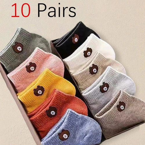 10 Pairs Women Low Socks Set With Cute Bear Pattern Fashionable Women