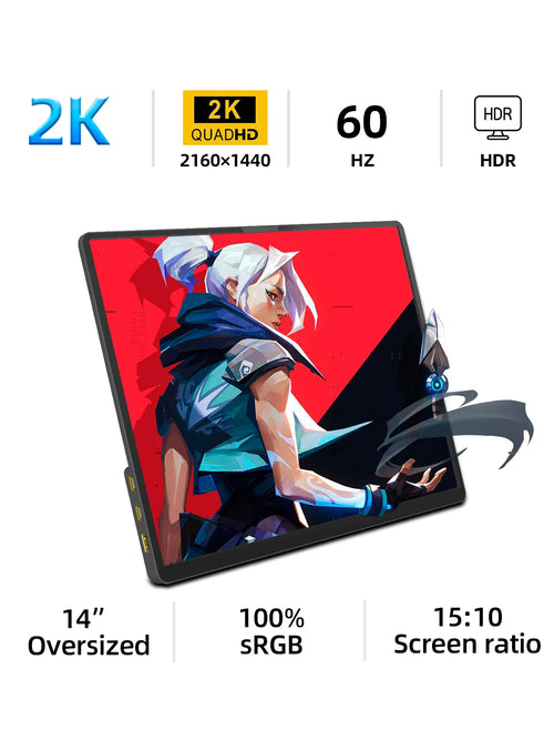 ZSUS 2160*1440 14-inch 2K Portable Monitor 60HZ For Laptop XBox PS4 /