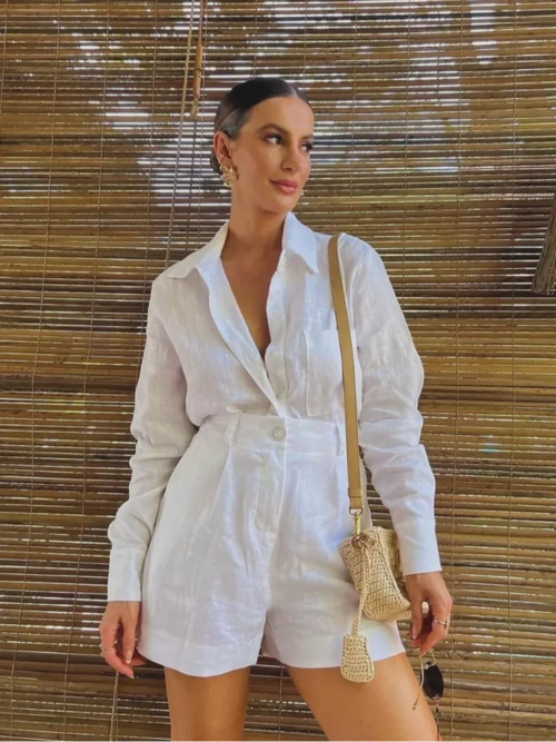 Women White Cotton Linen Single Breasted Shirt High Waist Shorts Suit