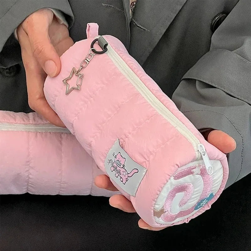Pink Towel Roll Pencil Case Kawaii Soft Pen Storage Bag Cosmetic Pouch