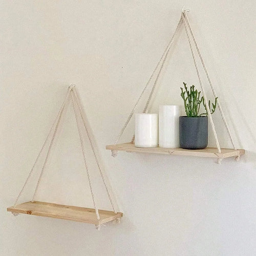 1PC Wooden Swing Hanging Hemp Rope Wall Shelve Mounted Floating Home