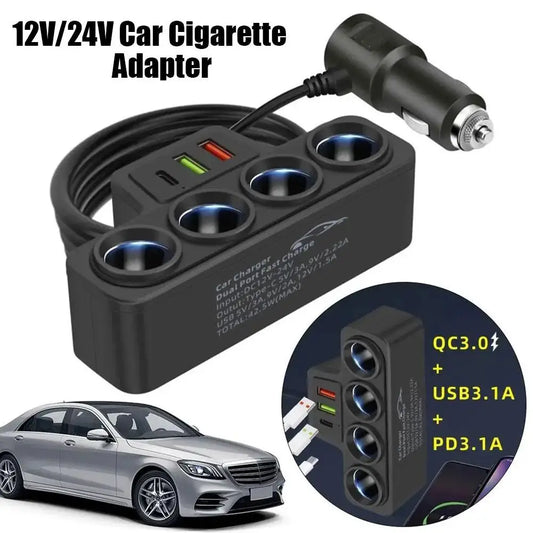 12V/24V Car Cigarette Lighter Adapter New 4-Socket 3.1A Charger