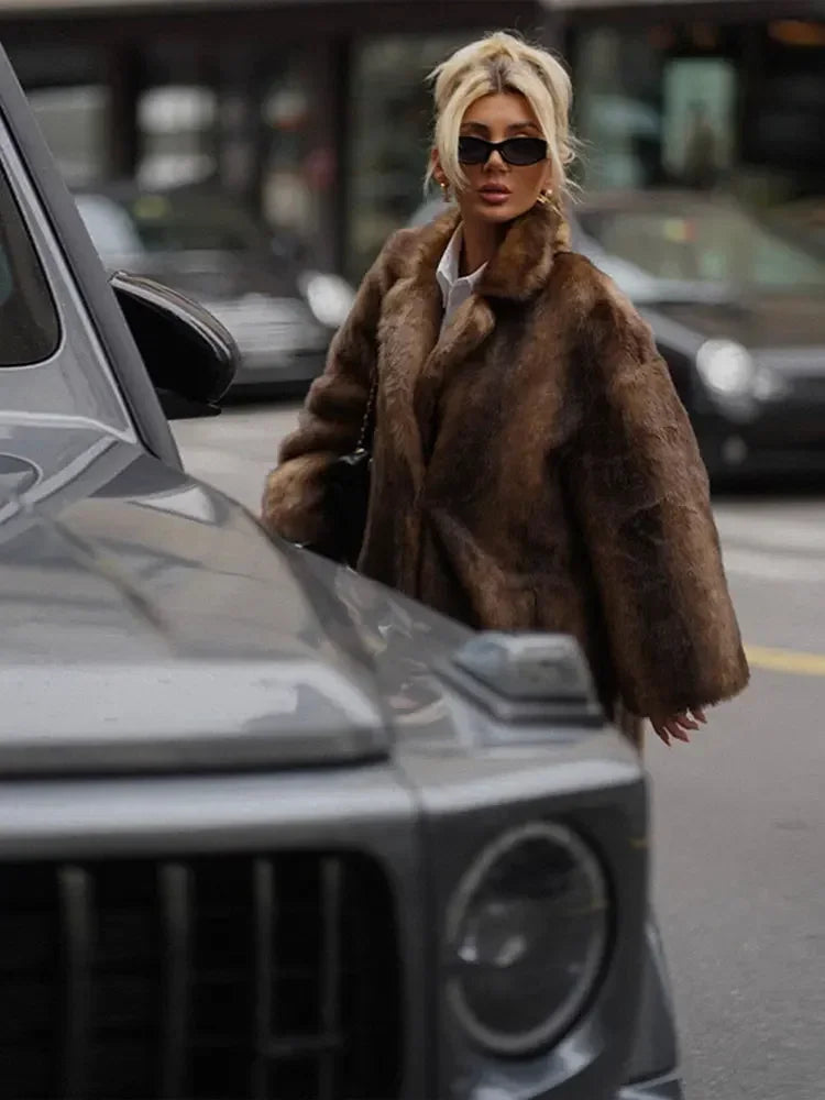 Women's Dark Brown Faux Fur Long Overcoat Single Breasted Fleece Long