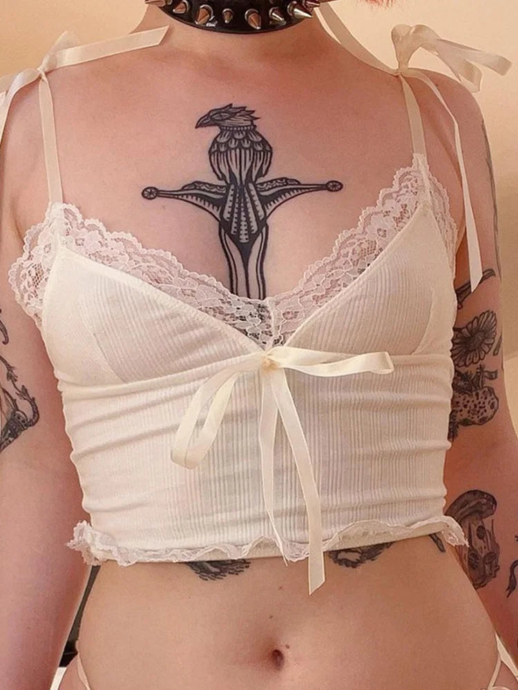 Lace Trim Crop Top Aesthetic White Bow Cute Sweet Mini Vest Knitted