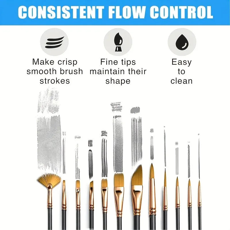 12pcs Nylon Bristle Brush Set Flat Brushes Watercolor Oil Paint For