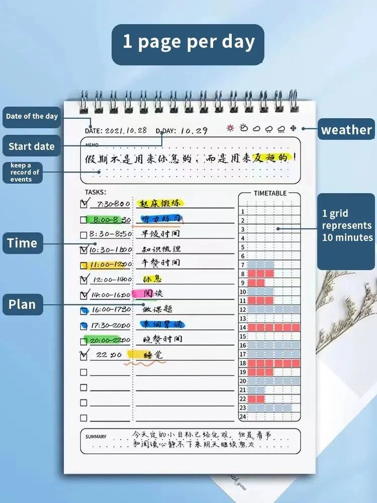 1pc Planner Agenda Spiral A5 Notebook Schedules Daily Plan To Do List