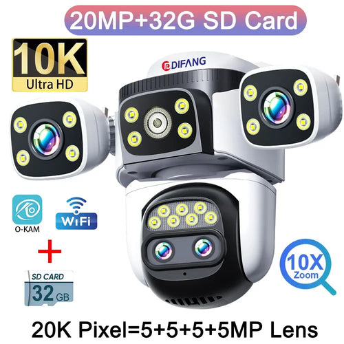 10K Outdoor 10X Optics Zoom WiFi6 Camera 20MP Four Screen Four Lens