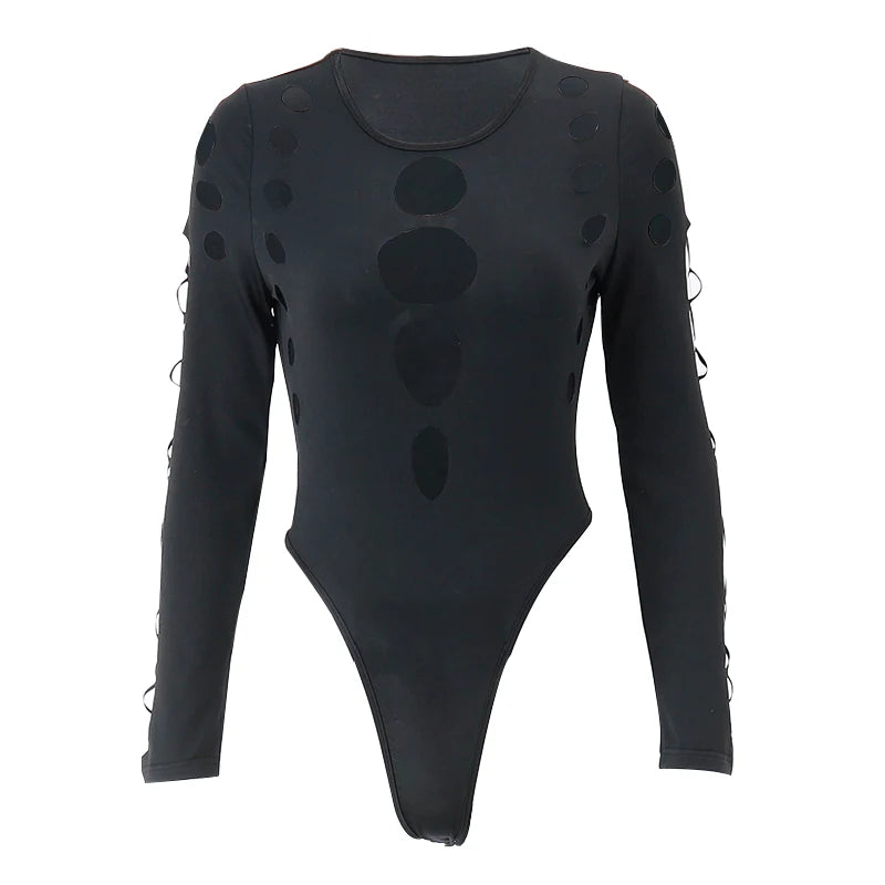 Xeemilo Sexy Dot Hollow Out Bodysuit Y2K Gothic Punk Long Sleeves