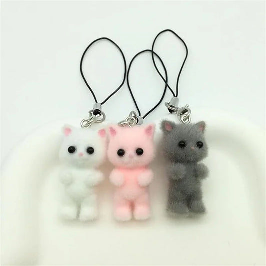 1 Pcs Flocking Fabric 3D Lovely White Black Cat Mobile Phone Charms