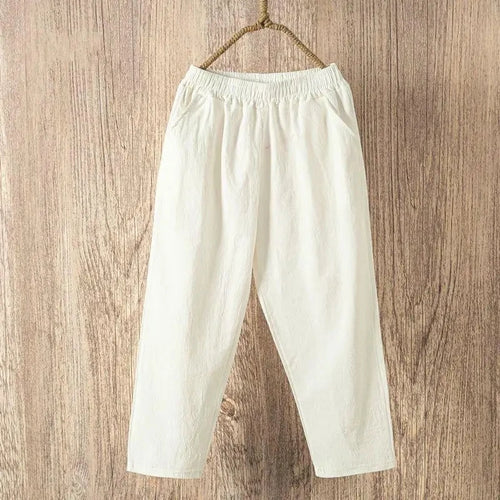 Women Summer Casual Loose Harem Elastic Waist Cotton Linen Pants Ninth