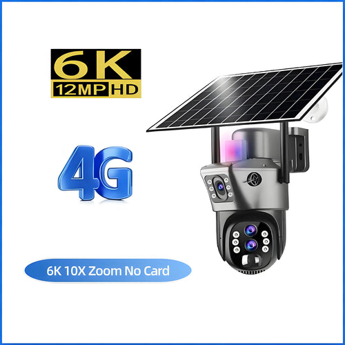10x Zoom 4G SIM Solar Camera Outdoor 6K 12MP Three Lens HD Night