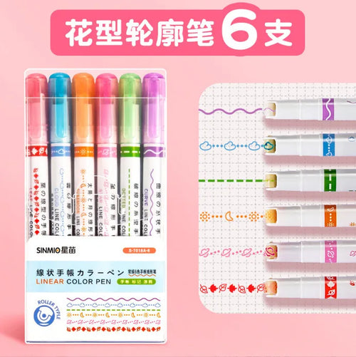 6Pcs/Set Kawaii Flower Line Shape Highlighter Pen Roller Tip Curve