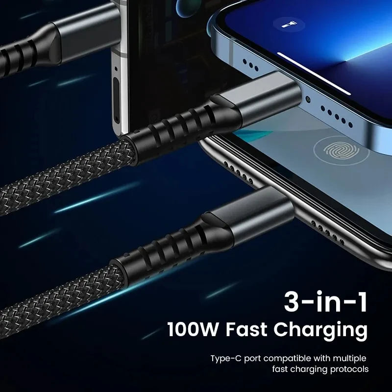100/66W 3 in 1 Cable Micro USB Type C Cable for iPhone 15 14 13 Pro
