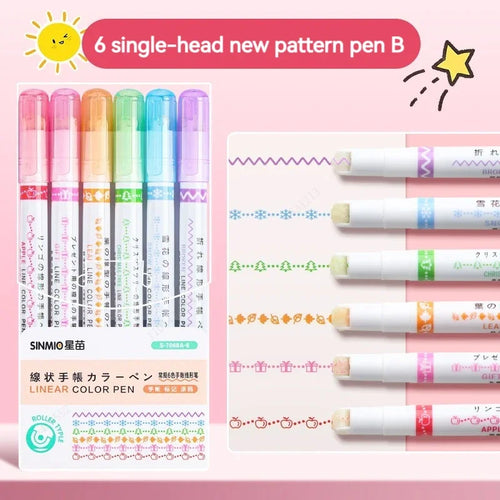 6Pcs/Set Flower Line Shape Highlighter Pen Roller Tip Curve Liner