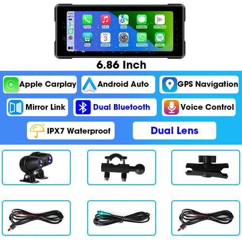 JMCQ 6.86'' Motorcycle DVR GPS Navigaton Wireless Carplay Android Auto