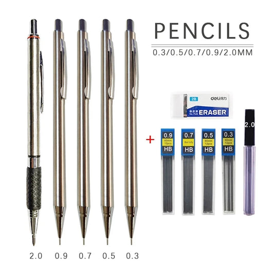0.3 0.5 0.7 0.9 2.0mm Full Metal Mechanical Pencil Set School Art