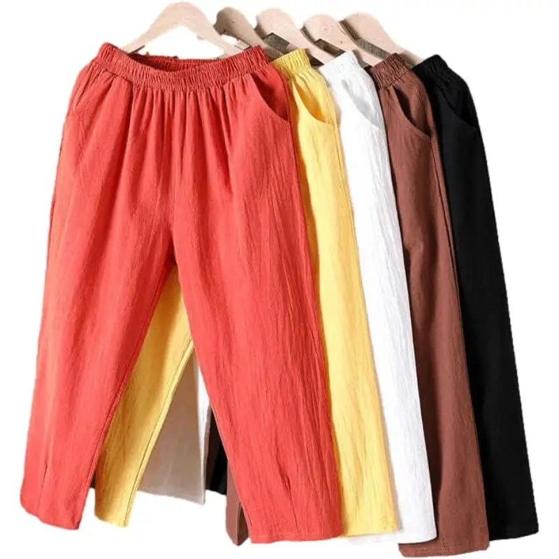 Women Summer Casual Loose Harem Elastic Waist Cotton Linen Pants Ninth