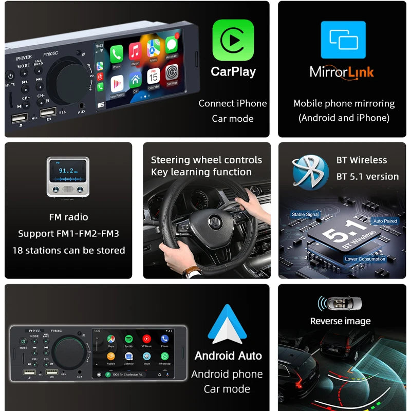 1 Din 4" CarPlay Car Radio Bluetooth Android-Auto MP5 Player Handfree
