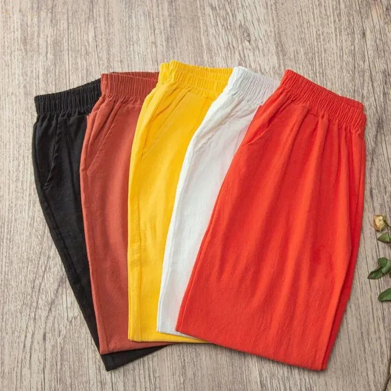 Women Summer Casual Loose Harem Elastic Waist Cotton Linen Pants Ninth