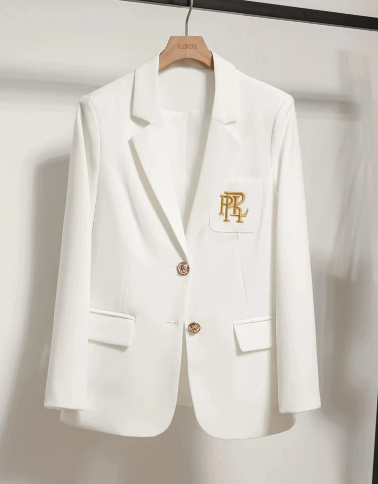 Women Suit Jacket Casual Office Formal Blazer Coat Embroidery White