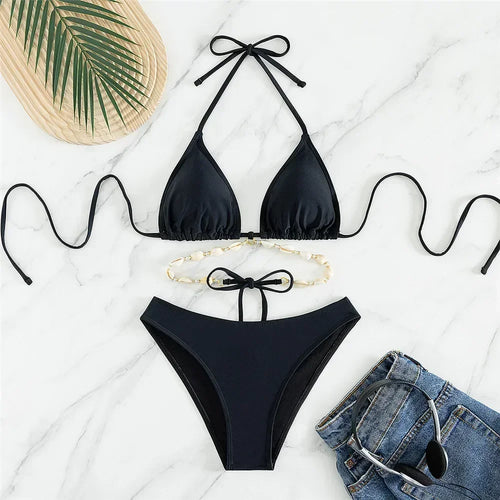 Sexy White Shell String Halter Triangle Bikini Set Women Swimwear
