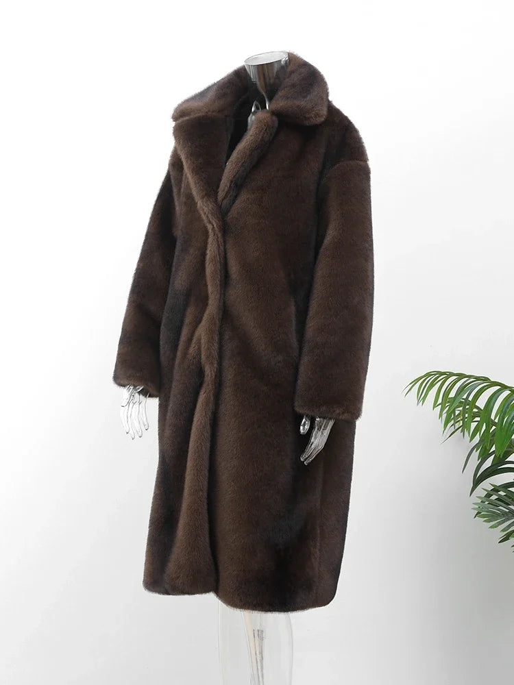 Women's Dark Brown Faux Fur Long Overcoat Single Breasted Fleece Long