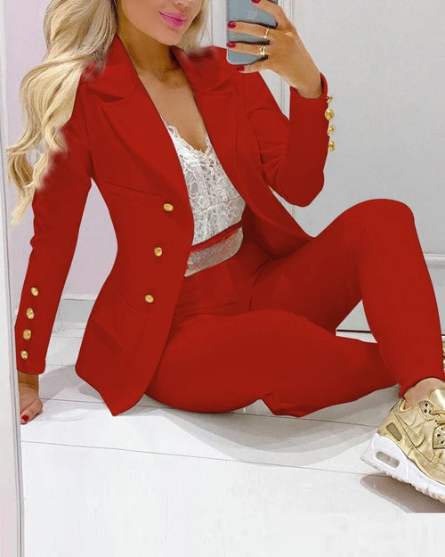 Women Two Pieces Pant Sets Formal Business Double Breasted Blazers