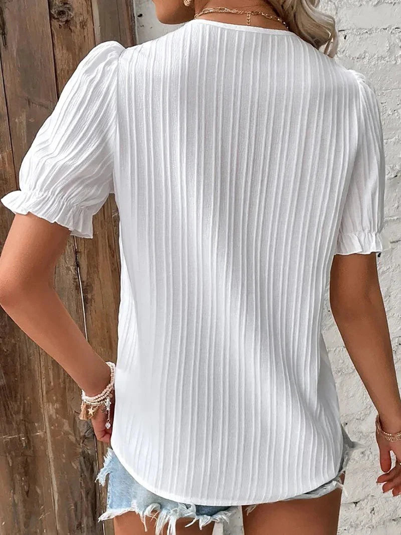 Women's Summer New Top 2024 Solid Sexy V-Neck Hollow Short Sleeve