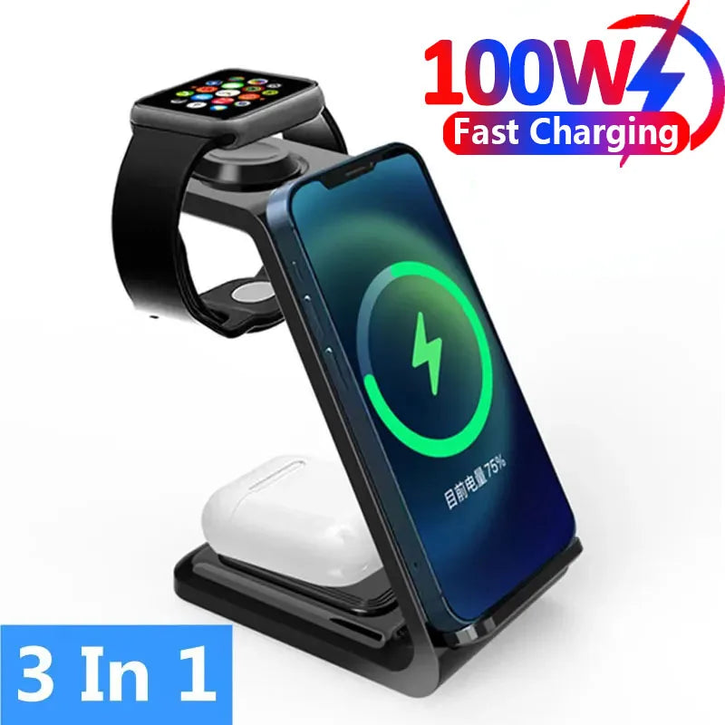 100W Wireless Charger 3 In 1 Stand Dock For Apple Watch 8 7 AirPods