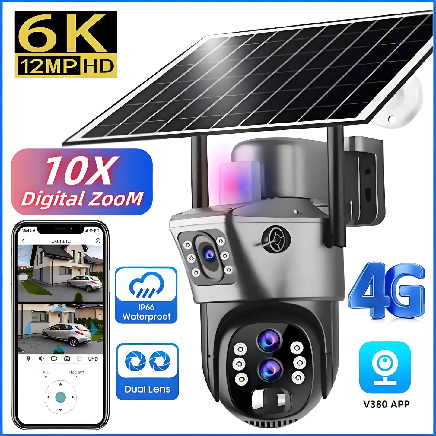 10x Zoom 4G SIM Solar Camera Outdoor 6K 12MP Three Lens HD Night