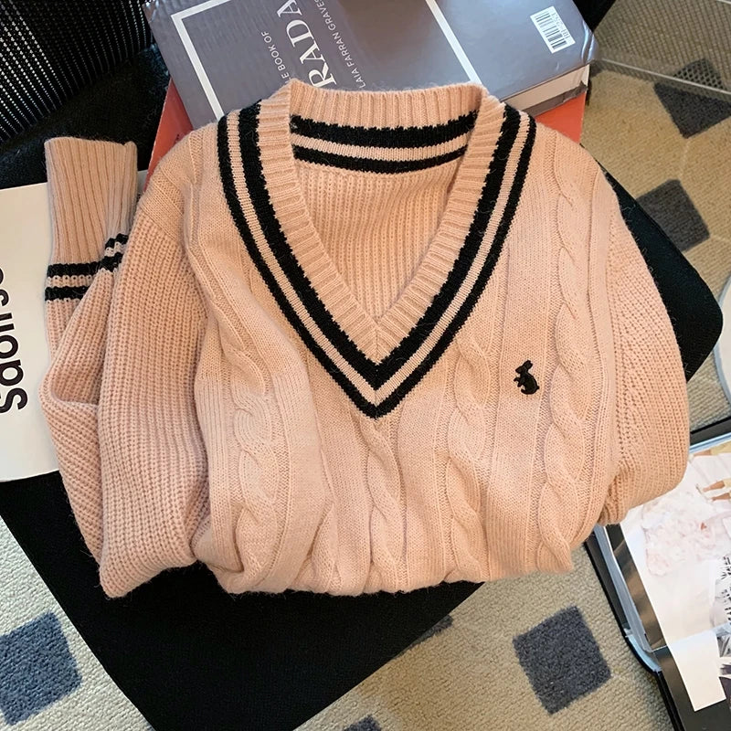 YuooMuoo Korean Fashion Sweaters Women Autumn V-neck Y2K Cartoon