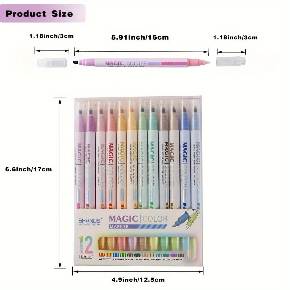 12pcs Double-ended Magic Color Marker Pen Changing Highlighter Pen Set