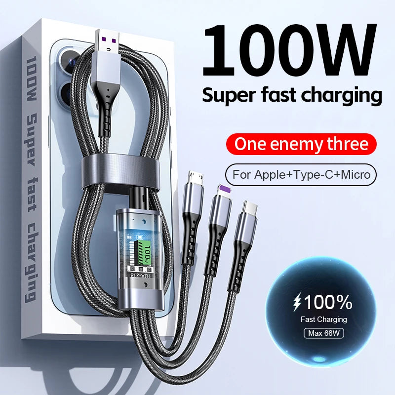 100w 3 In 1 Transparent Fast Charging Cable Type C Usb Micro For