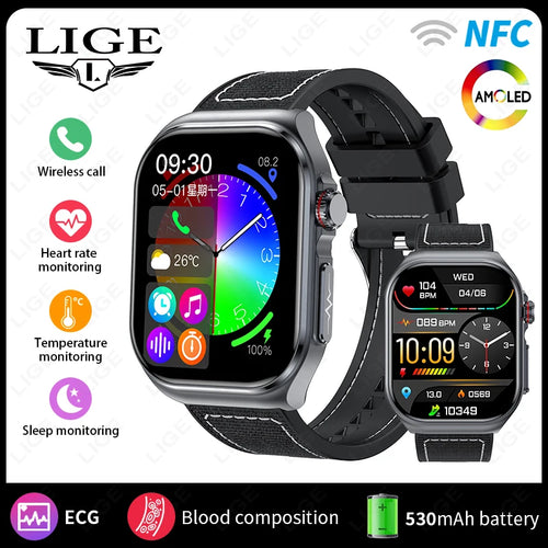 LIGE AMOLED Smart Watch ET585 Men ECG Blood Compositoin Health