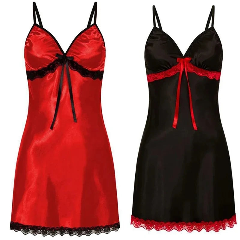 Women Sexy Sleepwear Nightdress Lace Silk Satin Night Dress Sleeveless