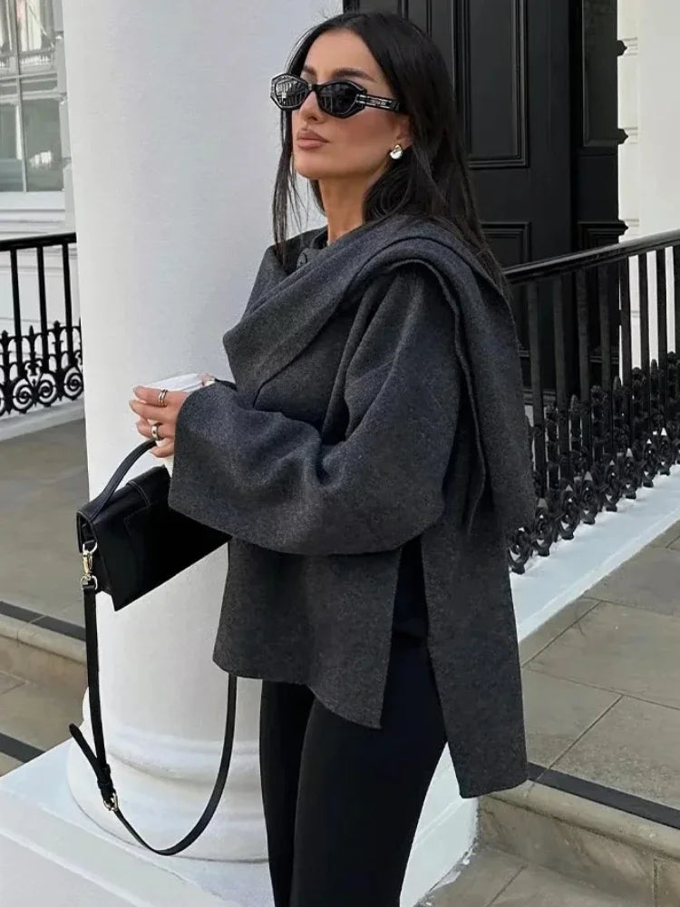 ZBZA Women's Asymmetric Scarf Knitted Jacket O-neck Single Button Side