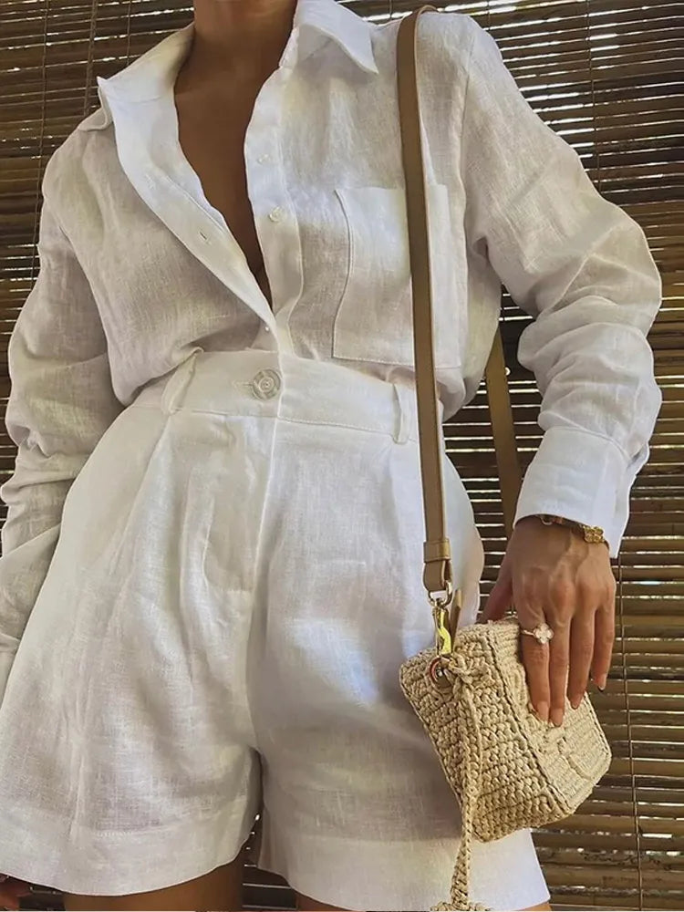 Women White Cotton Linen Single Breasted Shirt High Waist Shorts Suit
