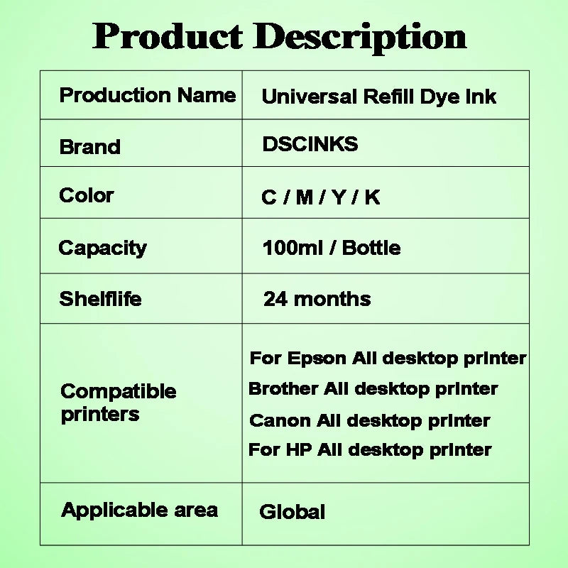 100ml Universal Dye Ink BK C M Y Kit Compatible For HP Canon Epson