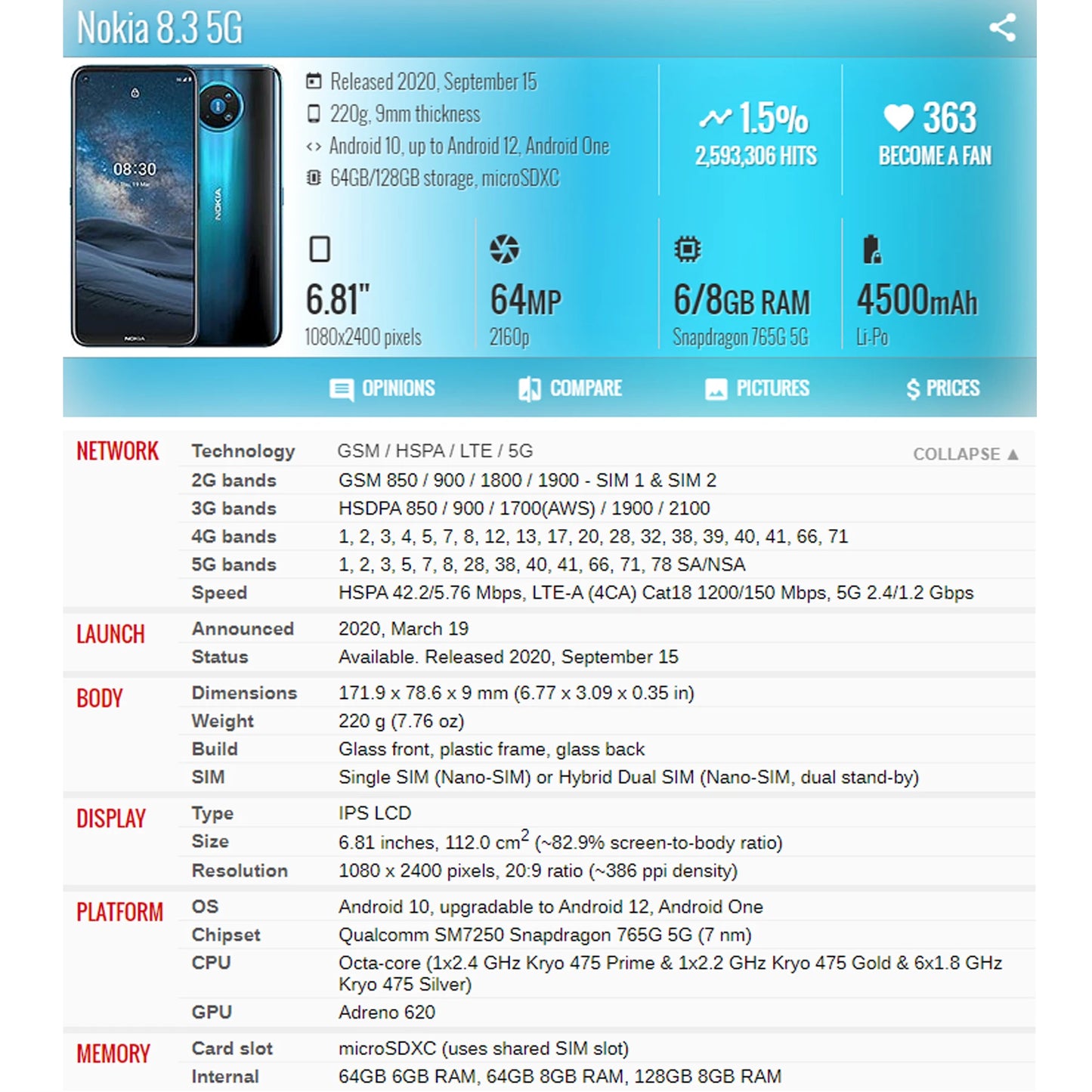 For Nokia 8.3 5G TA-1243 TA-1251 LCD Display Touch Screen Digitizer