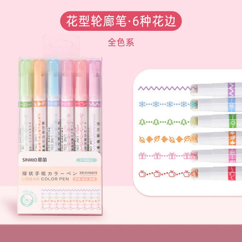 6Pcs/Set Kawaii Flower Line Shape Highlighter Pen Roller Tip Curve