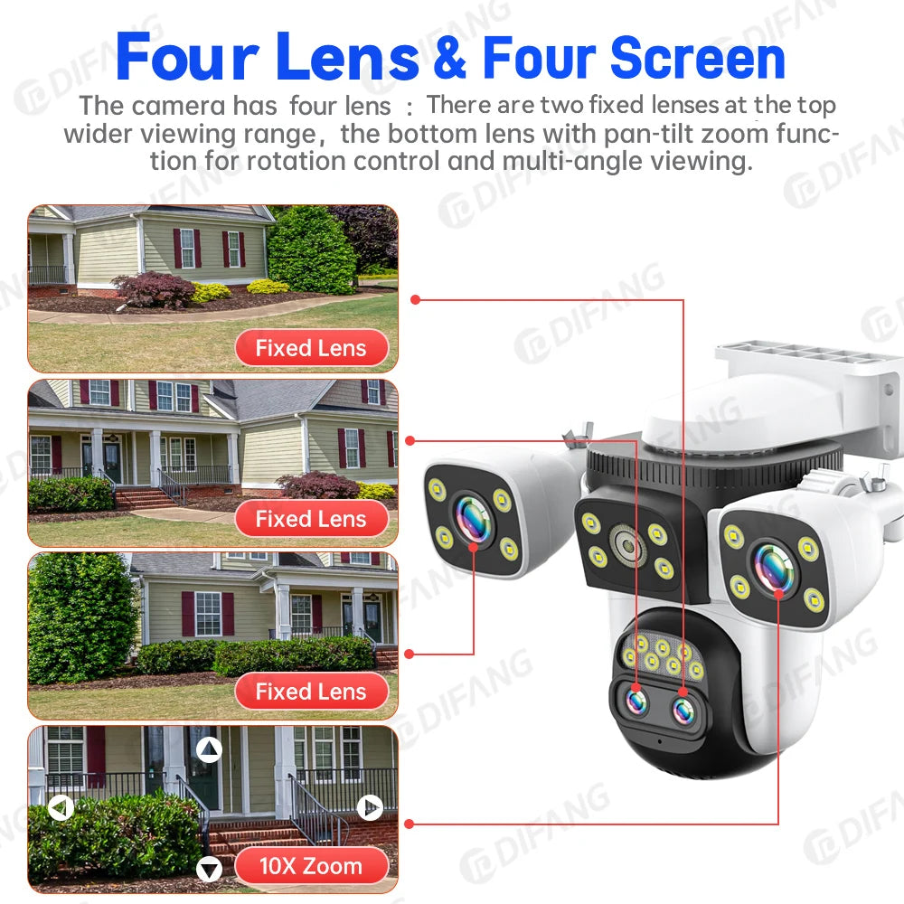 10K UHD WiFi6 IP Camera Outdoor 10X Zoom CCTV Surveillance Cam Four