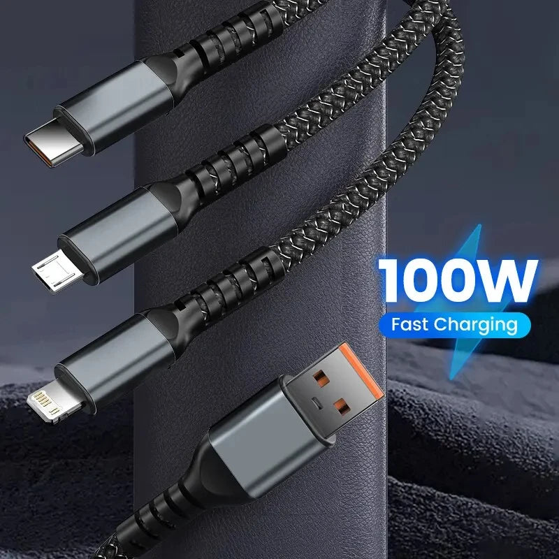 100/66W 3 in 1 Cable Micro USB Type C Cable for iPhone 15 14 13 Pro